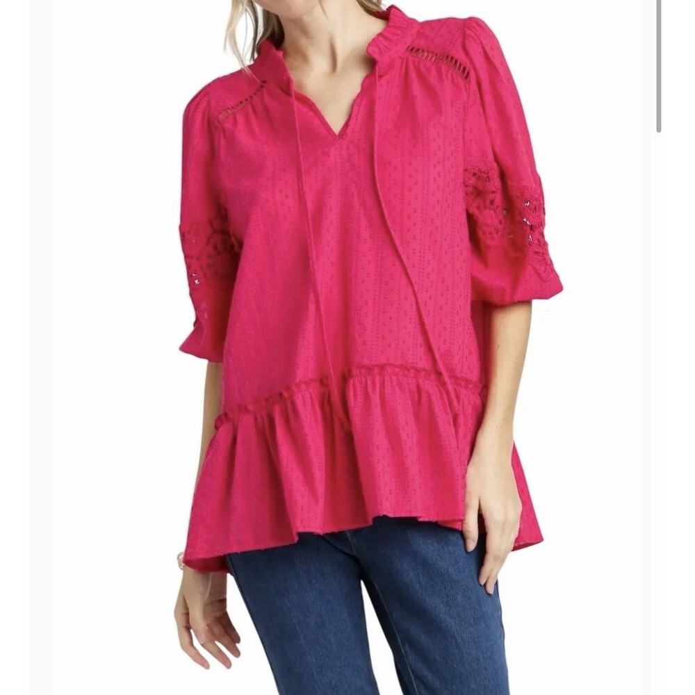 NWT Umgee Women’s Crochet Embroidered Babydoll Shirt Bouse Top Hot pink Small